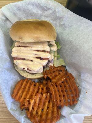 Bison chipotle burger with sweet potato fries