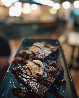 Chocolate Brownie with homemade Bourbon Ice Cream + Bacon + Candied Pecans