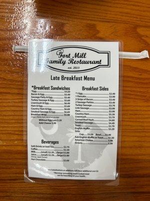 Late breakfast menu