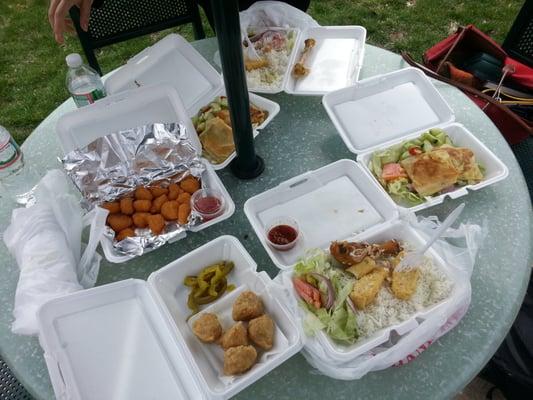 Nasi lemak (coconut rice with chicken) and other goodies.