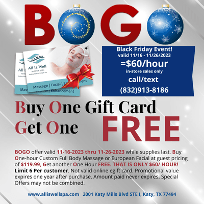 2023 Black Friday Spa Gift Card BOGO DEal