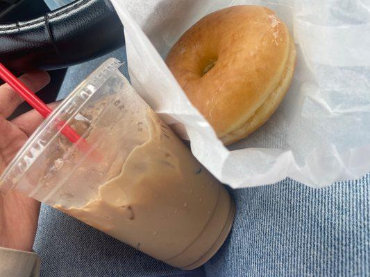 Iced coffee and glazed doughnut