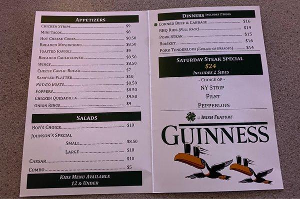 St Paddy's Menu