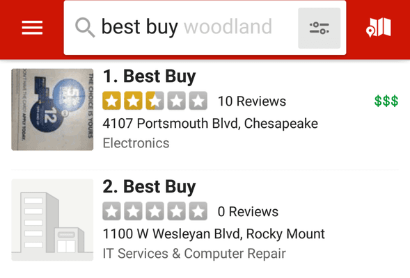 When I search Best Buy in Woodland, I get this