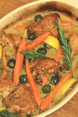 Braised Chicken with meyer lemon, olives and carrots