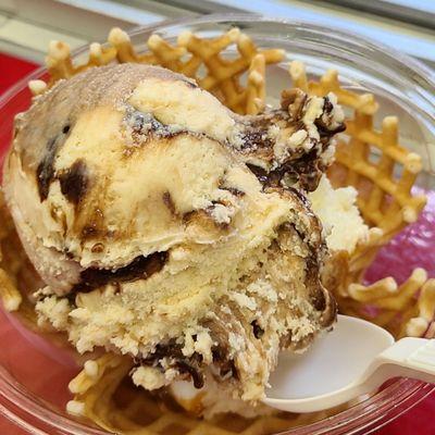 Caramel Apple Crunch and Peanut Butter Cheesecake Ice Cream in a Waffle bowl.