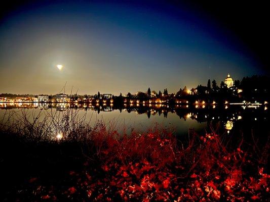 Moon over Capitol Lake looking across  @Levity Loft