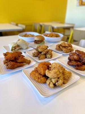 Garlic Parm Tenders, Mild Buffalo Tenders, Honey BBQ Wings