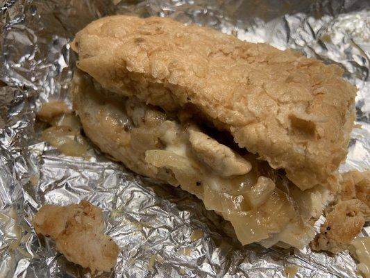 This sorry piece of sandwich is a chicken Philly sans salt