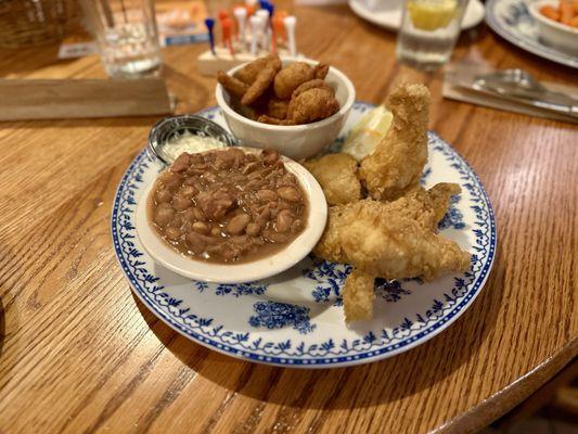 Friday Country Coastal Sampler - fried cod fillets and fried country shrimps, served with 2 country sides and buttermilk biscuits