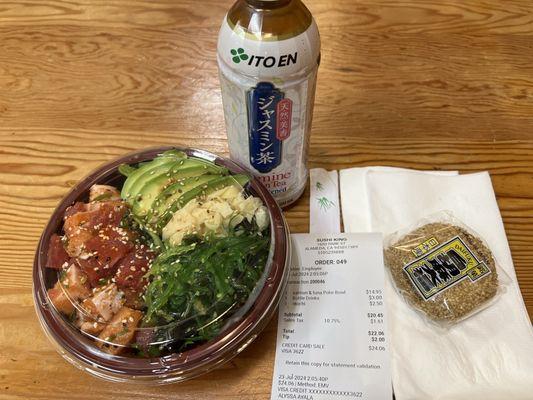 Poke bowl, green tea, mochi & recipe.