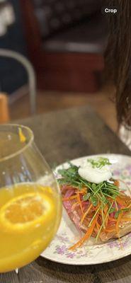 Salmon toast with a poached egg.