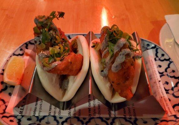 Fried Catfish Buns: chili paste, burnt citrus kewpie, cilantro.