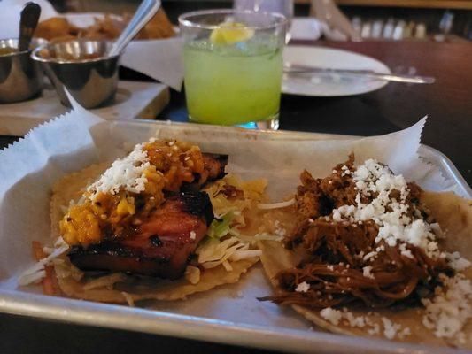 Delicious pork belly taco and barbacoa tacos. The drinks wewe great too.