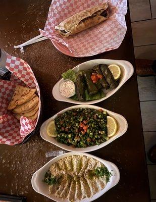 Boba ganoush, Arabian salad, grape leaves