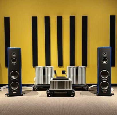 Magico S3 loudspeakers,  Burmester Amplifiers, Nordost cables, and HRS racking.