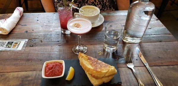 Grilled cheese with smoked salmon and seafood chowder