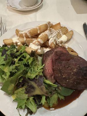 Steak Frites, so good! I would've liked roasted veggies instead of the salad. The hot plate and salad did not go well.