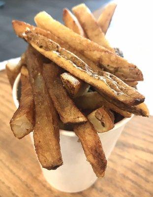 Fries, sliced to perfection and good, better dipped into my shake. Anyone else do this? It's the perfect combination of savory and sweet!