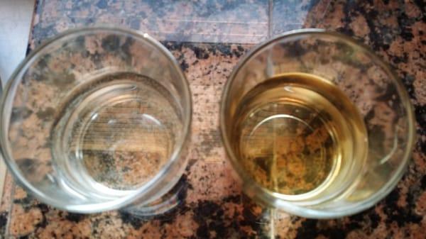 Healthy Sauvignon Blanc on left and oxydized glass on right.