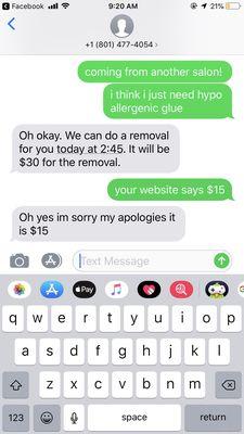 her trying to completely scam me into paying $30 for a lash removal.