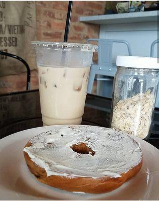 Cinnamon Raisin Bagel, Oatmeal and Oat Milk Iced Latte