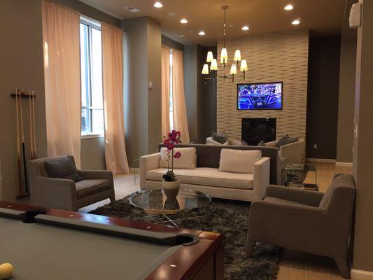 Club room with tv, kitchen and pool table