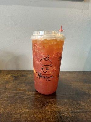 Strawberry Orange Peach fruit tea with mango popping boba