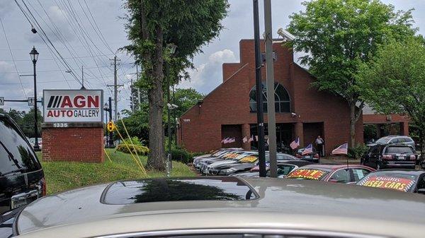 Storefront view from traffic light.