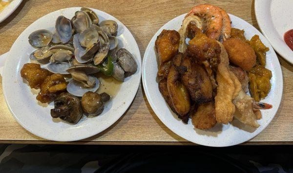 Oysters, mushrooms and a plate of fried seafood and roasted bananas. So good.