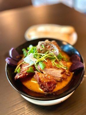 Fried Chicken Curry - kabocha pumpkin, purple yams, sweet potato, taro, lotus root, toasted baguettes