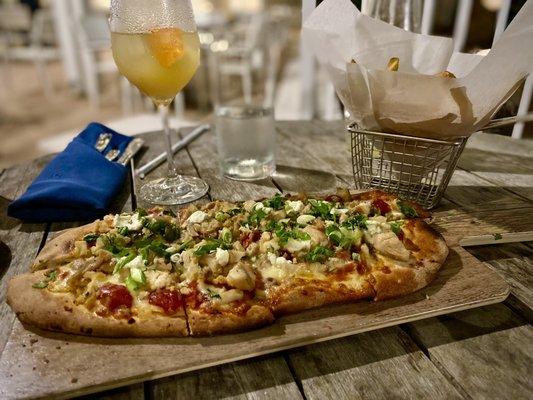 Cookhouse Chicken Flatbread, French fries, and sangria