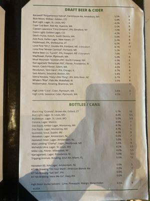 Beer and cider menu