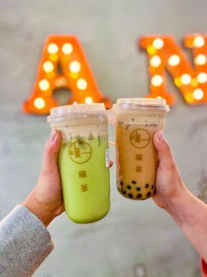 Matcha and Ceylon boba w tiramisu topping