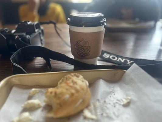 Everything bagel with cream cheese, caramel cappuccino with whole milk