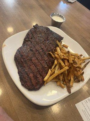 Flat Iron steak with fries. Handpicked from the cooler and cooked to order.