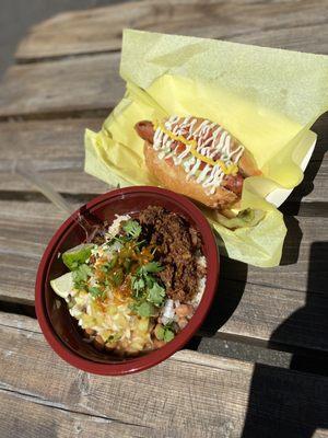 The famous dogo, bacon wrapped hot dog and a barbacoa bowl