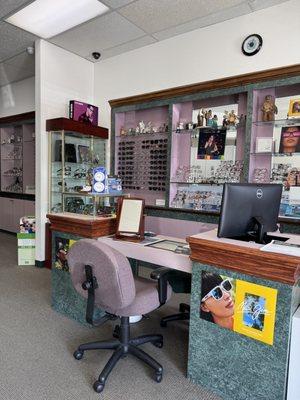 Our glasses dispensing station where our wonderful optician Lisa can help you pick out frames and lenses that work especially best for you!