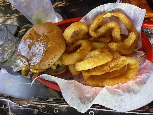 Cheeseburger and onion rings