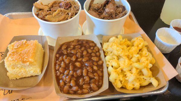 Pulled pork, brisket, cornbread, baked beans, mac&cheese