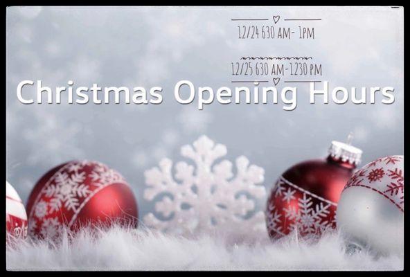 We will be open 6-1230 pm Happy and Healthy holidays !!