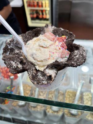 Oreo cone, amaretto cheesecake, Oreos, strawberries and sprinkles