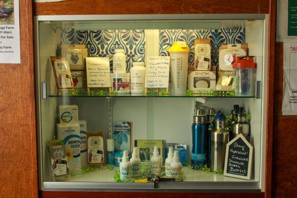 Display with featured supplements, stainless steel water bottles, Shower Filters, etc.