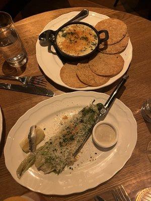 Spinach artichoke dip and charred Caesar salad