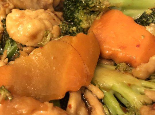 Chicken and broccoli,  with hair on carrot