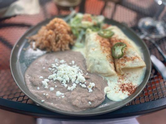 Sour cream enchiladas.  Could use some more flavor but over good.  The beans and rice were awesome.