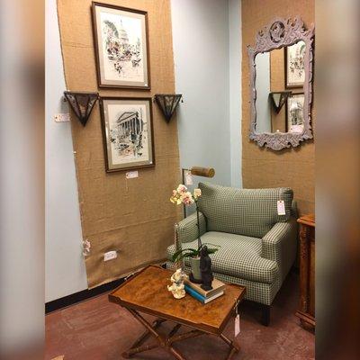 Love this combo of comfy Room & Board armchair and slim burlwood coffee table (I think by Drexel).