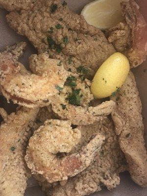 Fried fish and shrimp combo plate.