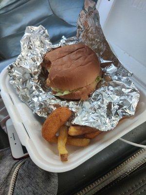 Cheeseburger with everything, fries, hushpuppies.