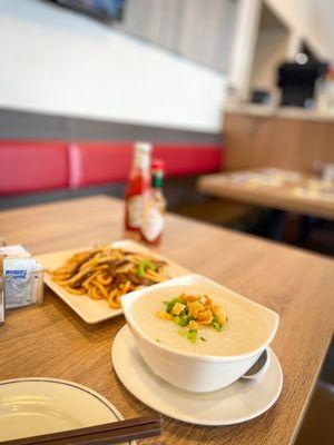 breakfast set with plain congee and beef udon